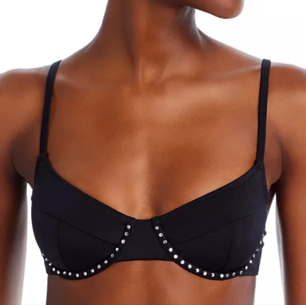 Aqua Jeweled Rhinestone Bikini Top Embellished Adjustable Underwire Black S